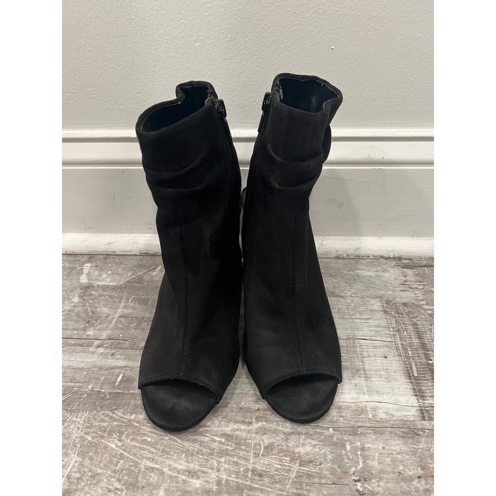 Charlotte Russe Lita Women 7 Black Peep Toe Block Heel Ankle Boots Ruched Cutout